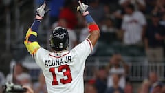 ATLANTA, GEORGIA - SEPTEMBER 19: Ronald Acuna Jr. #13 of the Atlanta Braves reacts as he crosses home plate after hitting his 39th home run of the season to lead off the sixth inning against the Philadelphia Phillies at Truist Park on September 19, 2023 in Atlanta, Georgia.   Kevin C. Cox/Getty Images/AFP (Photo by Kevin C. Cox / GETTY IMAGES NORTH AMERICA / Getty Images via AFP)