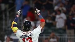 ATLANTA, GEORGIA - SEPTEMBER 19: Ronald Acuna Jr. #13 of the Atlanta Braves reacts as he crosses home plate after hitting his 39th home run of the season to lead off the sixth inning against the Philadelphia Phillies at Truist Park on September 19, 2023 in Atlanta, Georgia.   Kevin C. Cox/Getty Images/AFP (Photo by Kevin C. Cox / GETTY IMAGES NORTH AMERICA / Getty Images via AFP)