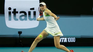 Mar 23, 2026; Miami Gardens, FL, USA; Elena Rybakina (KAZ) hits a forehand against Talia Gibson (AUS) (not pictured) on day 7 of the 2026 Miami Open at Hard Rock Stadium. Mandatory Credit: Geoff Burke-Imagn Images