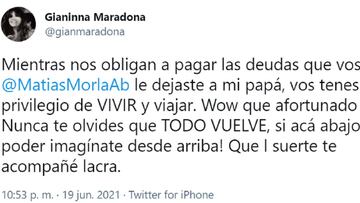 La hija menor del Diez y Claudia Villafañe arremetió contra el abogado y contó que endeudó a su papá.