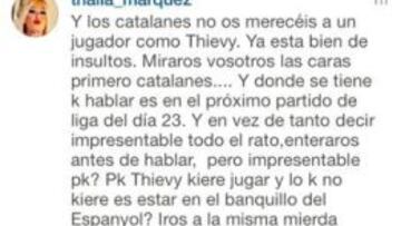Captura de la 'rajada' de la novia de Thievy en las redes sociales.
