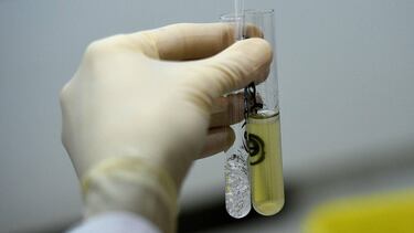 (FILES) This file photo taken on December 15, 2015, shows a technician holding urine samples about to be tested at the French national anti-doping laboratory, in Chatenay-Malabry, outside Paris. - Less and less doping controls are conducted prior to the 2