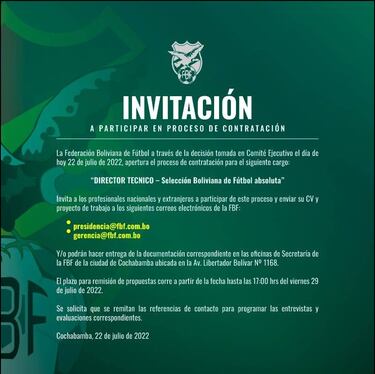 Bolivia busca seleccionador a travs de sus redes sociales