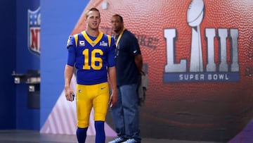 Los Angeles Rams quarterback Jared Goff (16) leaves the locker room for a walkthrough at the Mercedes Benz Stadium for the NFL Super Bowl 53 football game against the New England Patriots, Saturday, Feb. 2, 2019, in Atlanta. (AP Photo/John Bazemore)