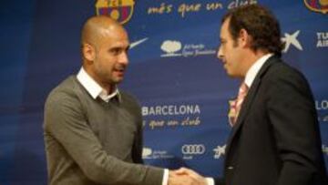 DESPEDIDA. Pep y Rosell se dieron la mano justo el d&iacute;a en que el entrenador dijo que se iba del Bar&ccedil;a.