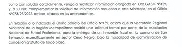 Extracto del oficio del Ministerio de Bienes Nacionales.