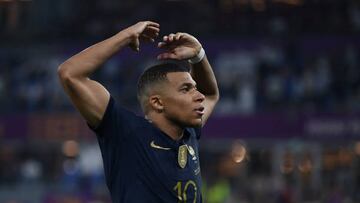 DOHA, QATAR - NOVEMBER 26: Kylian Mbappe of France celebrates scoring his second goal during the FIFA World Cup Qatar 2022 Group D match between France and Denmark at Stadium 974 on November 26, 2022 in Doha, Qatar.  (Photo by Kaz Photography/Getty Images)