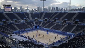 Chile, right, takes on Poland on Centre Court in Shiokaze Park during a men&#039;s beach volleyball match at the 2020 Summer Olympics, Tuesday, July 27, 2021, in Tokyo, Japan. (AP Photo/Felipe Dana)