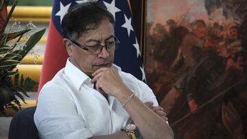 Gustavo Petro, Colombia's president, listens during a meeting with Nicolas Maduro, Venezuela's president, not pictured, at the Tienditas International Bridge in Cucuta, Colombia, on Thursday, Feb. 16, 2023. During the meeting near the border, the heads of state signed a memorandum of understanding focused on modernizing trade rules between Colombia and Venezuela. Photographer: Ferley Ospina/Bloomberg