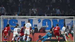 Marseille&#039;s French midfielder Dimitri Payet (R) shoots and scores a goal during the French L1 football match between Olympique de Marseille (OM) and Olympique Lyonnais (OL) on November 10, 2019 at the Orange Velodrome stadium in Marseille, southeaste
