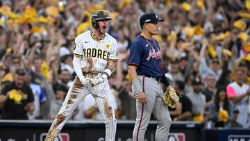 Oct 2, 2024; San Diego, California, USA; San Diego Padres outfielder Jackson Merrill (3) celebrates after a two-RBI triple during the second inning of game two in the Wildcard round for the 2024 MLB Playoffs against the Atlanta Braves at Petco Park. Mandatory Credit: Denis Poroy-Imagn Images
