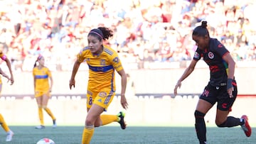 (L-R), Alexia Delgado of Tigres and Joselyn de la Rosa of Tijuana during the game Tijuana vs Tigres UANL, corresponding to Round 13 of the Torneo Apertura 2023 of the Womens Liga BBVA MX, at Caliente Stadium, on October 08, 2023.
<br><br>
(I-D), Alexia Delgado de Tigres y Joselyn de la Rosa de Tijuana durante el partido Tijuana vs Tigres UANL, correspondiente a la Jornada 13 del Torneo Apertura 2023 de la Liga BBVA MX Femenil, en el Estadio Caliente, el 08 de Octubre de 2023