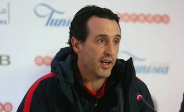 Paris St Germain coach Unai Emery attends the pre-match news conference in Tunisia