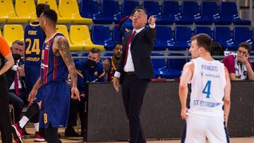 Sarunas Jasikevicius, Head coach of Fc Barcelona gestures during the Turkish Airlines EuroLeague PlayOffs game 2 match between FC Barcelona and Zenit St. Petersburgo at Palau Blaugrana on April 23, 2021 in Barcelona, Spain.
AFP7
23/04/2021 ONLY FOR USE IN SPAIN