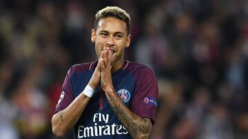 Paris Saint-Germain&#039;s Brazilian forward Neymar reacting during the UEFA Champions League football match against Bayern Munich at the Parc des Princes stadium in Paris.