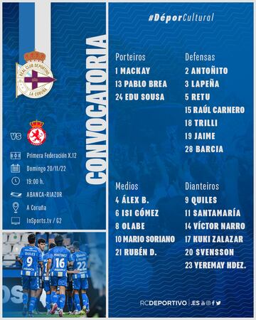 La convocatoria del Deportivo ante la Cultural.