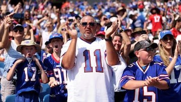 ORCHARD PARK, NEW YORK - AUGUST 28: Fans react after Buffalo Bills score a touchdown during the second half against the Green Bay Packers at Highmark Stadium on August 28, 2021 in Orchard Park, New York.   Bryan M. Bennett/Getty Images/AFP
 == FOR NEWSPAP