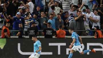 Israel's forward Tai Baribo celebrates (L) scoring the second goal during the UEFA Nations League - League B Group 2 - football match between Israel and Albania at the at the Bloomfield Stadium, in Tel Aviv on September 24, 2022. (Photo by JACK GUEZ / AFP) (Photo by JACK GUEZ/AFP via Getty Images)