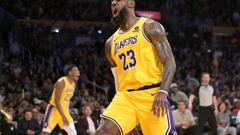 Feb 13, 2024; Los Angeles, California, USA;  Los Angeles Lakers forward LeBron James (23) reacts after a dunk in the first half against the Detroit Pistons at Crypto.com Arena. Mandatory Credit: Jayne Kamin-Oncea-USA TODAY Sports