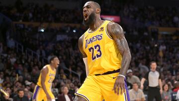 Feb 13, 2024; Los Angeles, California, USA; Los Angeles Lakers forward LeBron James (23) reacts after a dunk in the first half against the Detroit Pistons at Crypto.com Arena. Mandatory Credit: Jayne Kamin-Oncea-USA TODAY Sports
