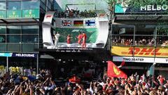 MELBOURNE, AUSTRALIA - MARCH 25:  Race winner Sebastian Vettel of Germany and Ferrari, second placed Lewis Hamilton of Great Britain and Mercedes GP and third placed Kimi Raikkonen of Finland and Ferrari celebrate on the podium during the Australian Formula One Grand Prix at Albert Park on March 25, 2018 in Melbourne, Australia.  (Photo by Mark Thompson/Getty Images)