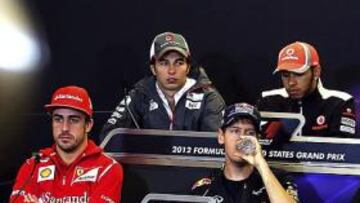 <b>PROTAGONISTAS. </b>Alonso, Pérez, Vettel, Hamilton, Raikkonen y De la Rosa en la rueda de prensa FIA.