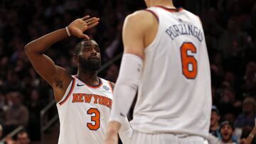 Nov 22, 2017; New York, NY, USA; New York Knicks forward Tim Hardaway Jr. (3) celebrates with Knicks forward Kristaps Porzingis (6) against the Toronto Raptors during the second half at Madison Square Garden. Mandatory Credit: Adam Hunger-USA TODAY Sports