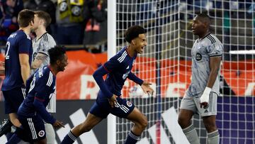 Apr 8, 2023; Foxborough, Massachusetts, USA; New England Revolution midfielder Dylan Borrero (11) celebrates his goal as CF MontrŽal defender Kamal Miller (3) walks away during the first half at Gillette Stadium. Mandatory Credit: Winslow Townson-USA TODAY Sports