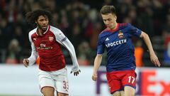 MOSCOW, RUSSIA - APRIL 12: Alexander Golovin of PFC CSKA Moskva vies for the ball with Mohamed Elneny of Arsenal FC during the UEFA Europa League quarter final leg two match between PFC CSKA Moskva and Arsenal FC at CSKA Arena stadium on April 12, 2018 in