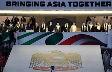 FIFA President Gianni Infantino (7th-L) and officials attend the opening ceremony prior to the 2019 AFC Asian Cup football game between United Arab Emirates and Bahrain at the Zayed sports city stadiuam in Abu Dhabi on January 05, 2019.