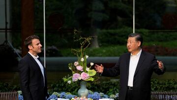 Chinese President Xi Jinping and France’s President Emmanuel Macron attend a tea ceremony at the Guandong province governor’s residence, in Guangzhou, China, Friday, April 7, 2023.  Thibault Camus/Pool via REUTERS