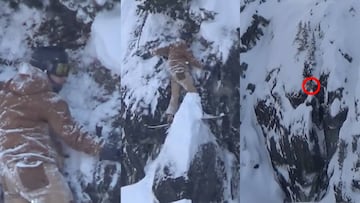 Tres im&aacute;genes desde distintas distancias de un snowboarder atrapado en un acantilado en Canad&aacute;.