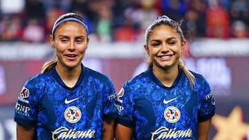 Karen Luna and Jana Gutierrez of America during the 13th round match between Tijuana and America as part of the Liga BBVA MX Femenil, Torneo Apertura 2024 at Caliente Stadium on September 29, 2024 in Tijuana, Baja California, Mexico.