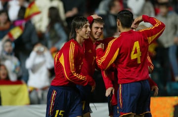 Celebración de gol Joaquín, Sergio Ramos y Juanito en amistoso contra China en el Estadio del Helmántico en Salamanca.