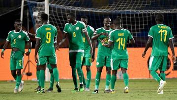 Senegal's forward Sadio Mane (3rd-R) celebrates after scoring a goal during the 2019 Africa Cup of Nations (CAN) Group C football match between Kenya and Senegal at the 30 June Stadium in the Egyptian capital Cairo on July 1, 2019