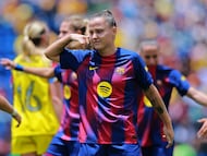 Soccer Football - Women's International Friendly - America v FC Barcelona - Estadio Ciudad de los Deportes, Mexico City, Mexico - August 24, 2025 FC Barcelona's Claudia Pina celebrates scoring their first goal REUTERS/Eloisa Sanchez