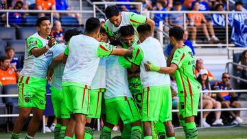 Aug 3, 2025; Cincinnati, OH, USA; Teammates celebrate after FC Juarez midfielder Guilherme Castilho (8) scores a goal against FC Cincinnati in the second half at TQL Stadium. Mandatory Credit: Katie Stratman-Imagn Images
