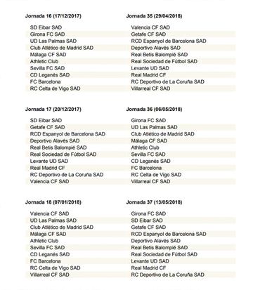 Así son las 38 jornadas de Liga de la temporada 2017-2018