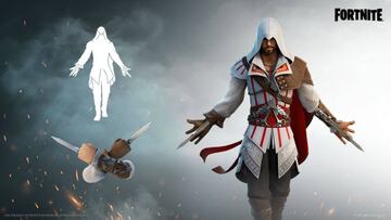 Arte oficial del skin Ezio Auditore y sus objetos en Fortnite