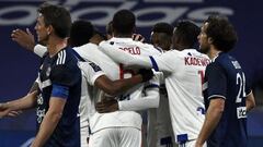 Lyon&#039;s players celebrates after scoring during the French L1 football match between Lyon (OL) and Girondins de Bordeaux (FCGB), at the Groupama stadium in Decine-Charpieu, near Lyon, on January 29, 2021. (Photo by JEAN-PHILIPPE KSIAZEK / AFP)