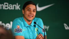 Brisbane (Australia), 29/07/2023.- Australian soccer player Sam Kerr speaks to the media in Brisbane, 29 July 2023. The CommBank Matildas will face Canada in their third and final Group Stage match of the FIFA Women's World Cup 2023 Australia & New Zealand at Melbourne Rectangular Stadium on July 31. (Mundial de Fútbol, Nueva Zelanda) EFE/EPA/JONO SEARLE AUSTRALIA AND NEW ZEALAND OUT
