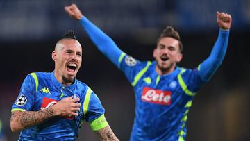 NAPLES, ITALY - NOVEMBER 28: Marek Hamsik of SSC Napoli celebrates after scoring the 1-0 goal during the Group C match of the UEFA Champions League between SSC Napoli and Red Star Belgrade at Stadio San Paolo on November 28, 2018 in Naples, Italy. (Phot