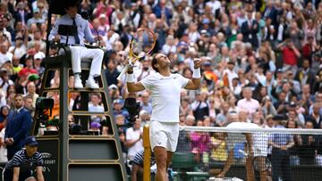 Tennis - Wimbledon - All England Lawn Tennis and Croquet Club, London, Britain - June 28, 2022 Spain's Rafael Nadal celebrates after winning his first round match against Argentina's Francisco Cerundolo REUTERS/Toby Melville