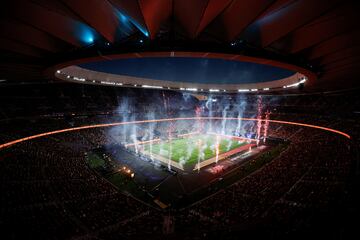 Fireworks are seen at the start of the final of the Spain's Kings League between El Barrio and xBuyer Team at Civitas Metropolitano stadium in Madrid, Spain, July 29, 2023. REUTERS/Juan Medina