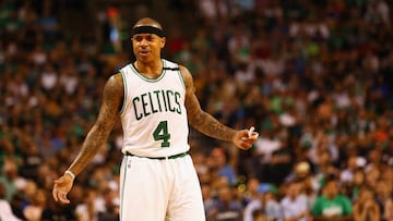 BOSTON, MA - MAY 19: Isaiah Thomas #4 of the Boston Celtics reacts in the first half against the Cleveland Cavaliers during Game Two of the 2017 NBA Eastern Conference Finals at TD Garden on May 19, 2017 in Boston, Massachusetts. NOTE TO USER: User expressly acknowledges and agrees that, by downloading and or using this photograph, User is consenting to the terms and conditions of the Getty Images License Agreement. Adam Glanzman/Getty Images/AFP
== FOR NEWSPAPERS, INTERNET, TELCOS & TELEVISION USE ONLY ==