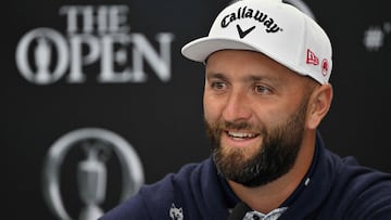 Spain's Jon Rahm smiles during a press conference held ahead of the 153rd Open Championship at Royal Portrush golf club in Northern Ireland on July 15, 2025. (Photo by Glyn KIRK / AFP) / RESTRICTED TO EDITORIAL USE