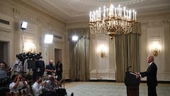 US President Joe Biden delivers remarks on plans to stop the spread of the Delta variant and boost Covid-19 vaccinations at the State Dinning Room of the White House, in Washington, DC on September 9, 2021. 