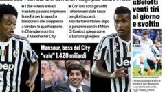 La portada de Tuttosport dice que con Cuadrado, Juventus &quot;volar&aacute; alto&quot;. 