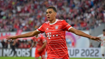 Soccer Football - DFL Super Cup - RB Leipzig v Bayern Munich - Red Bull Arena, Leipzig, Germany - July 30, 2022   Bayern Munich's Jamal Musiala celebrates scoring their first goal REUTERS/Matthias Rietschel DFL REGULATIONS PROHIBIT ANY USE OF PHOTOGRAPHS AS IMAGE SEQUENCES AND/OR QUASI-VIDEO.