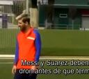 Luis Suárez y Messi revientan un dron a pelotazo limpio